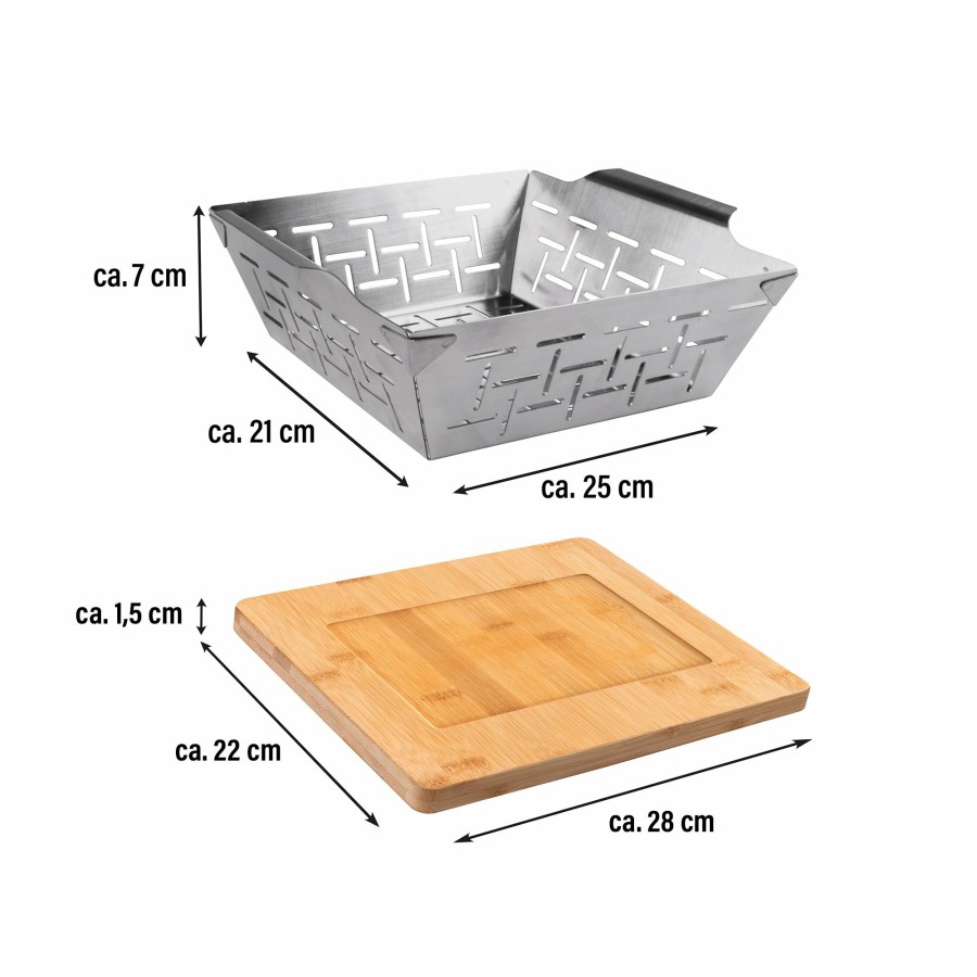 Stoneline Freyersbacher® Edelstahl-Grillkorb 25 X 21 Cm Mit Bambusbrett 2-In-1, Geeignet Fur Alle Arten Von Grills Grillpfannen und Grillkörbe