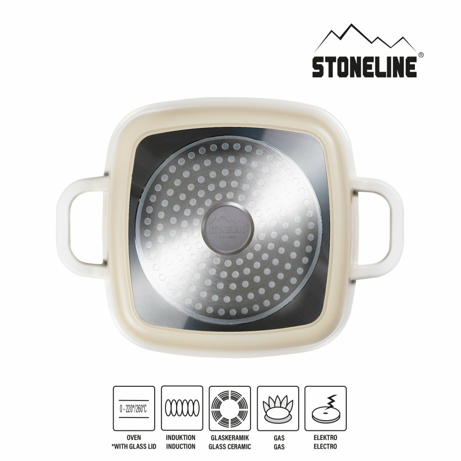 Stoneline Stoneline® Creme Servierpfanne 20 X 20 Cm Mit Aroma Glasdeckel, Eckpfanne Antihaftbeschichtet, Induktion Eck- und Servierpfannen