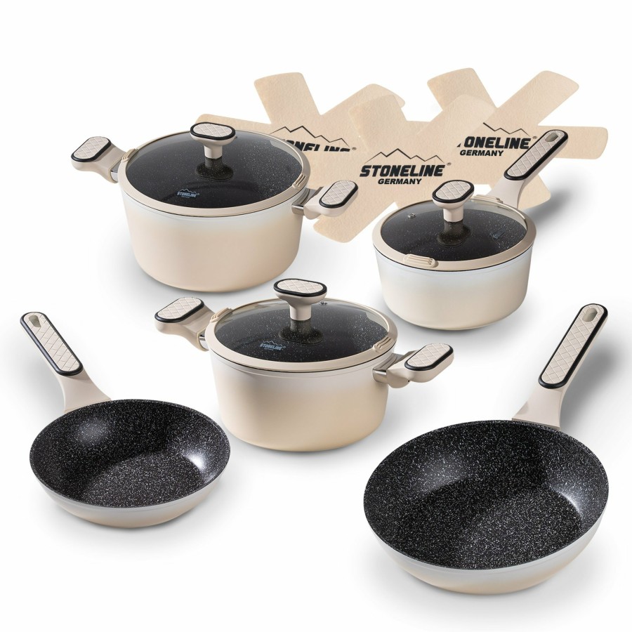 Stoneline Stoneline® Creme Kochgeschirr-Set 11-Teilig Mit Deckeln, Beschichtete Topfe Und Pfannen Kochgeschirrset